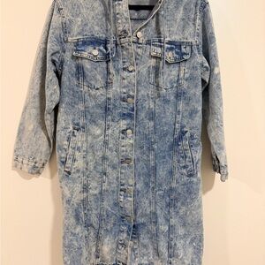 Stylish Blue Acid Wash long Jean Jacket with hood streetwear Y2K style